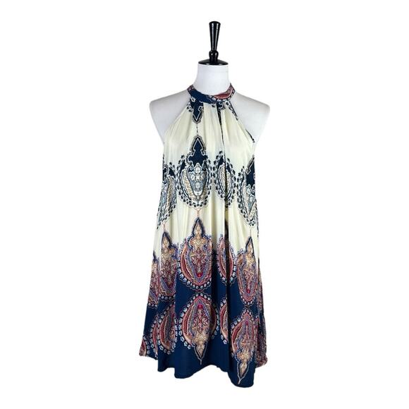 Jaase Boho Halter Tie Neck Swing Dress Cream Blue Multi Women’s Size Small - Picture 1 of 11